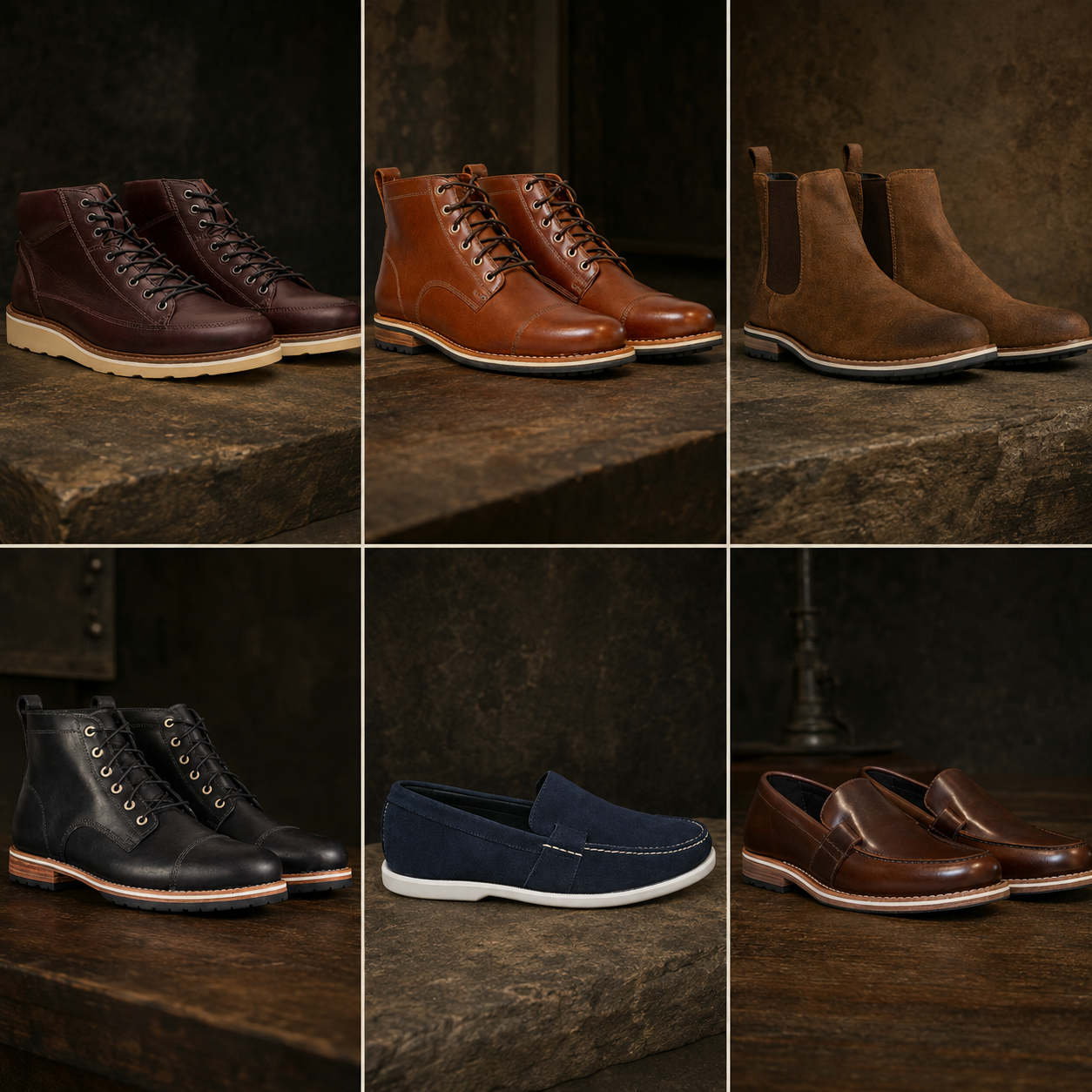 A collage of six HELM styles: Calistoga Merlot, Hollis Teak, Finn Sienna, Hollis Black, Montauk Navy, and Wilson Brown
